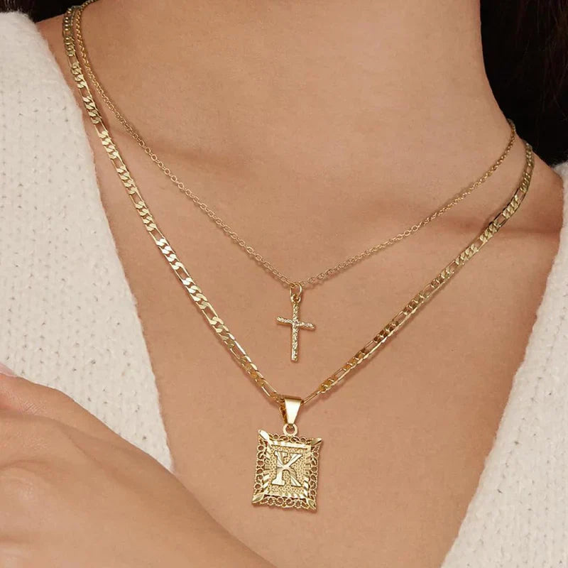 Gold Initial & Cross Necklace Set