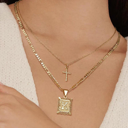 Gold Initial & Cross Necklace Set