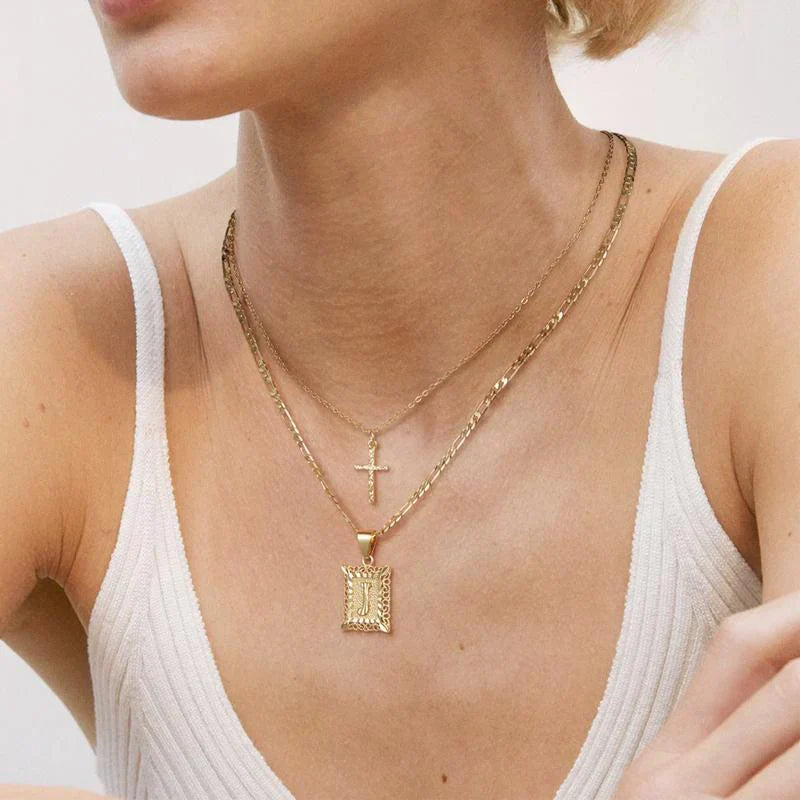 Initial Cross Necklace Set | Gold