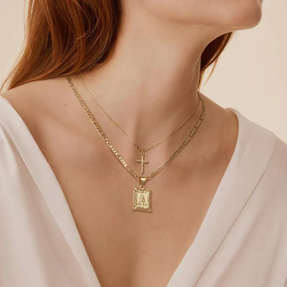 Gold Initial & Cross Necklace Set