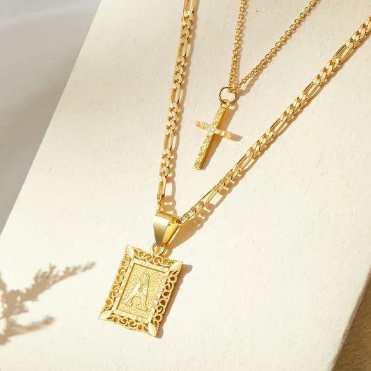Initial Cross Necklace Set | Gold