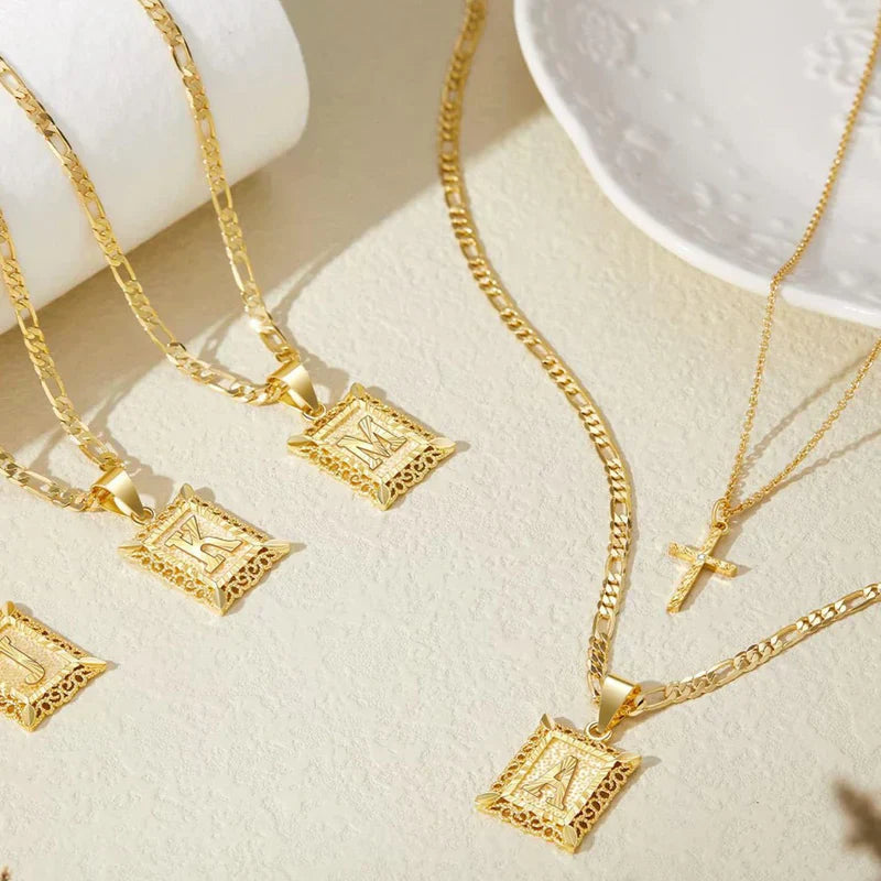 Initial Cross Necklace Set | Gold