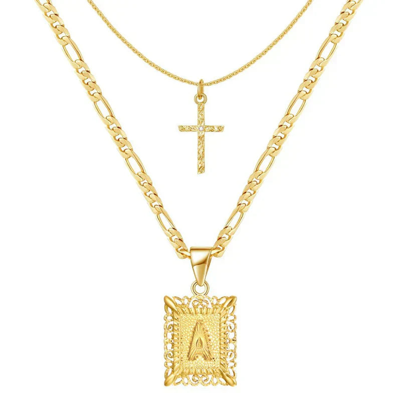 Initial Cross Necklace Set | Gold